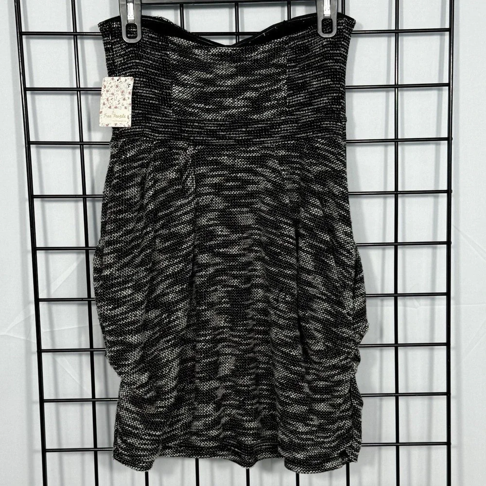 Free People Nyima Dress‎ Womens 6 Black Tweed Mini Ruched Strapless Pockets NEW